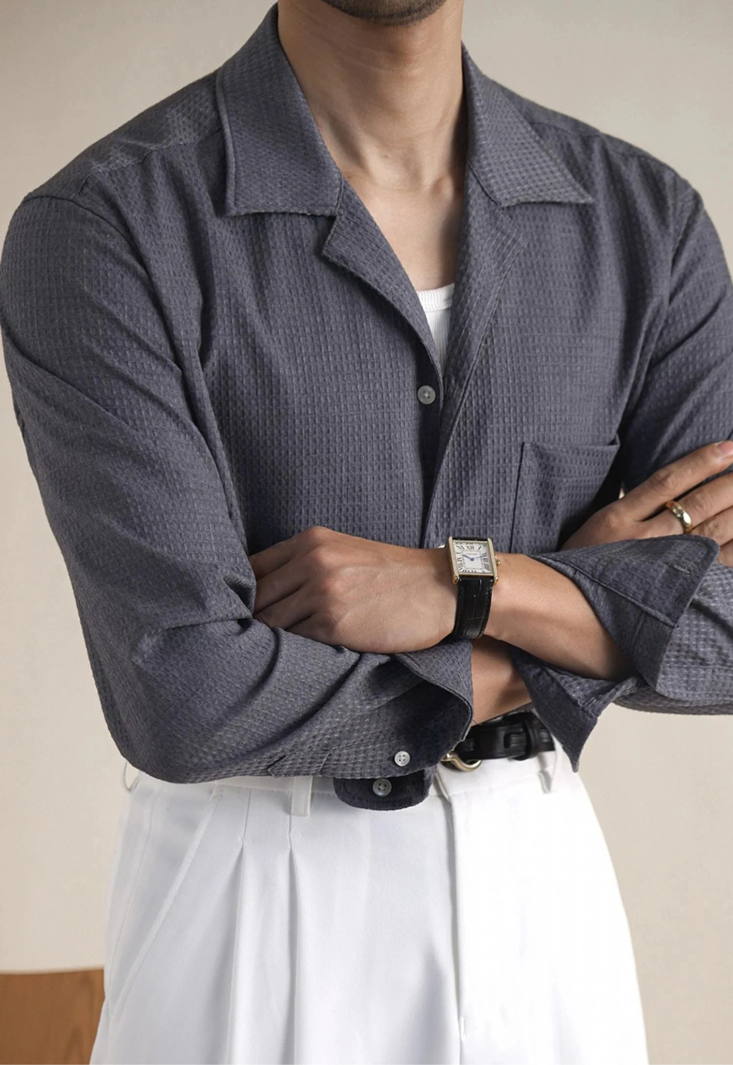 Tailored collar old money shirt, classic vintage Italian style, long sleeve, men's fashion.