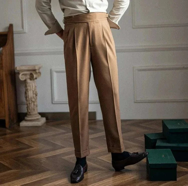 Cold season straight trousers for men in a stylish casual setting.