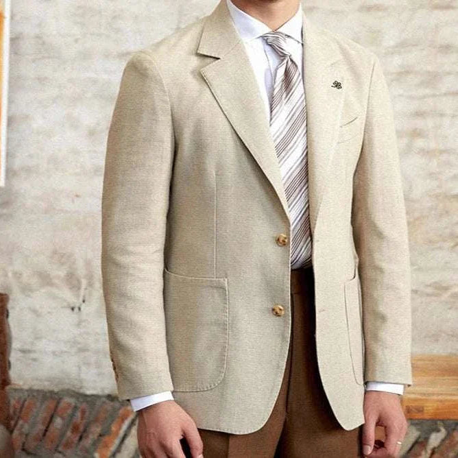 Slim fit cotton-linen blend jacket on a man in a stylish setting.