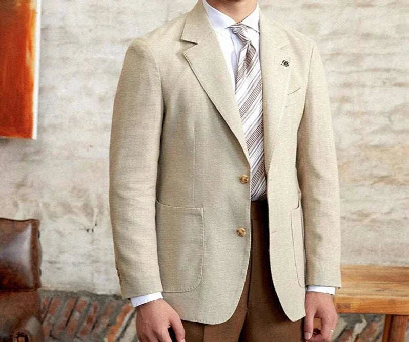 Slim fit cotton-linen blend jacket on a man in a stylish setting.