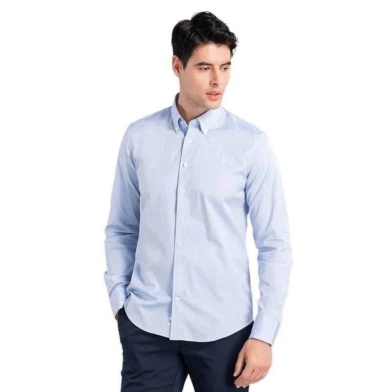 Men's business casual long sleeve cotton shirt in light blue.