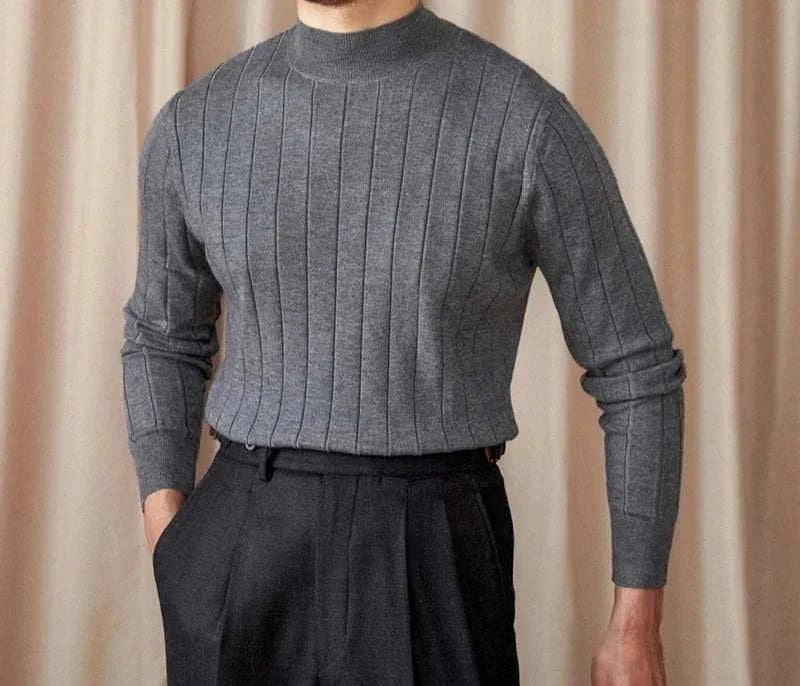 Autumn turtleneck premium sweater in wool-acrylic blend for men, styled with vertical ribbing.