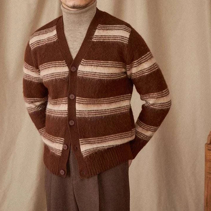 Men's striped wool v-neck cardigan, brown and beige winter essential.