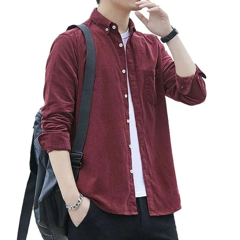 Summer loose style long-sleeve shirt in red, casual men's fashion.