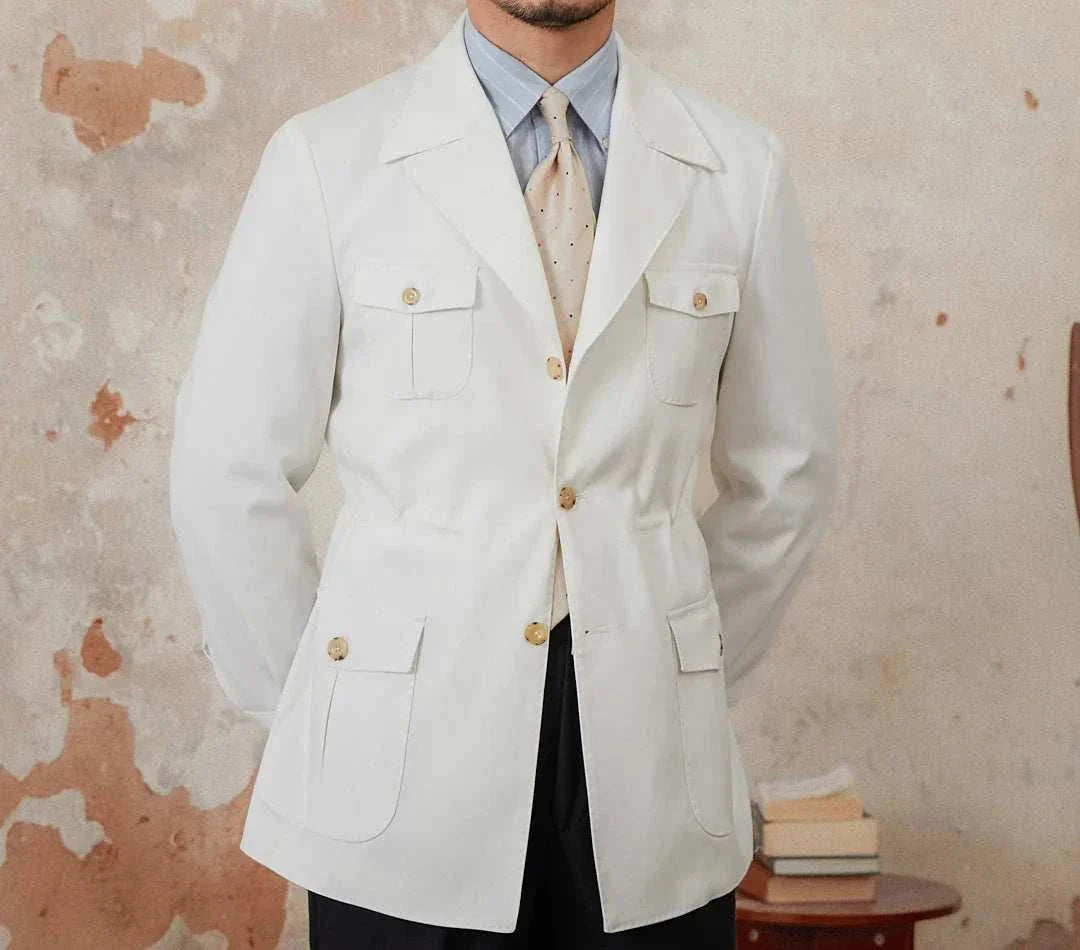 Autumn vintage old money coat in white on a man, stylish and elegant.