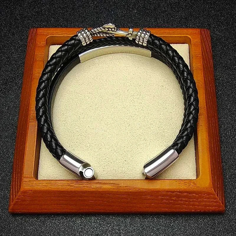 Weave triple leather bracelet with stainless steel clasps in a wooden box.