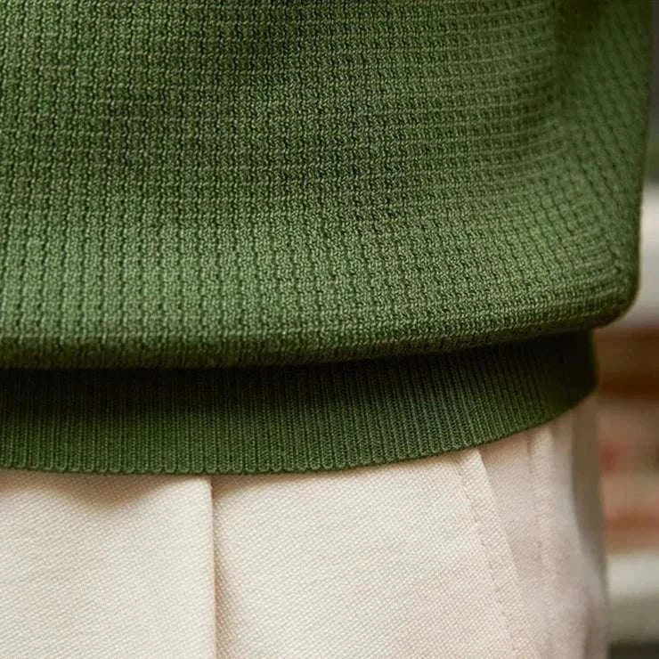 Green textured summer v-neck polo English t-shirt for men, perfect for casual or office wear.