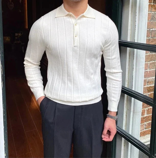 Oxford polo sweater for men in solid white, showcasing premium quality material and elegant design.