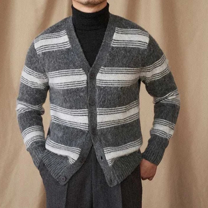 Antonios striped wool v-neck cardigan for men, winter essential styling.