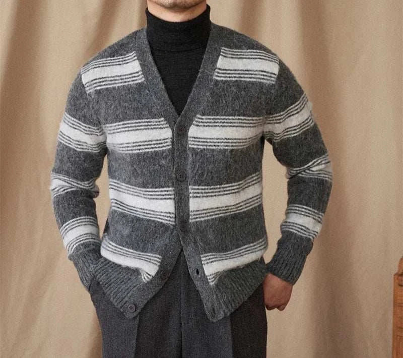 Antonios striped wool v-neck cardigan for men, winter essential styling.