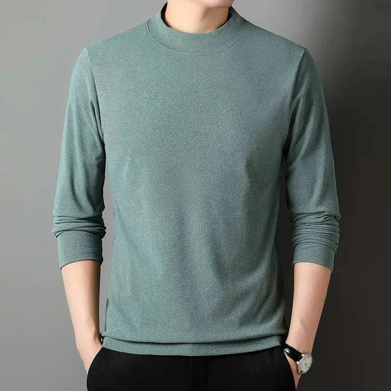 Classic turtleneck sweater in green, solid pattern, men's casual or elegant style.