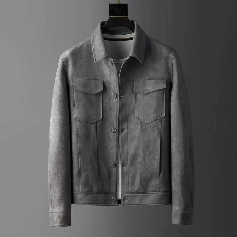 British business leather jacket made from high-quality suede leather, displayed on a hanger.