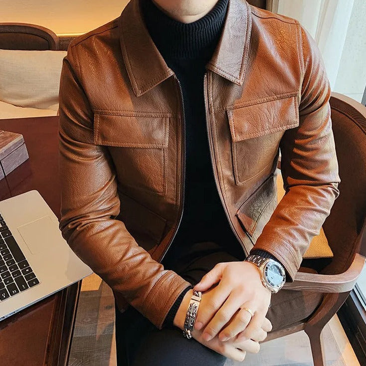 Men's ECO leather jacket in brown, casual elegant style.