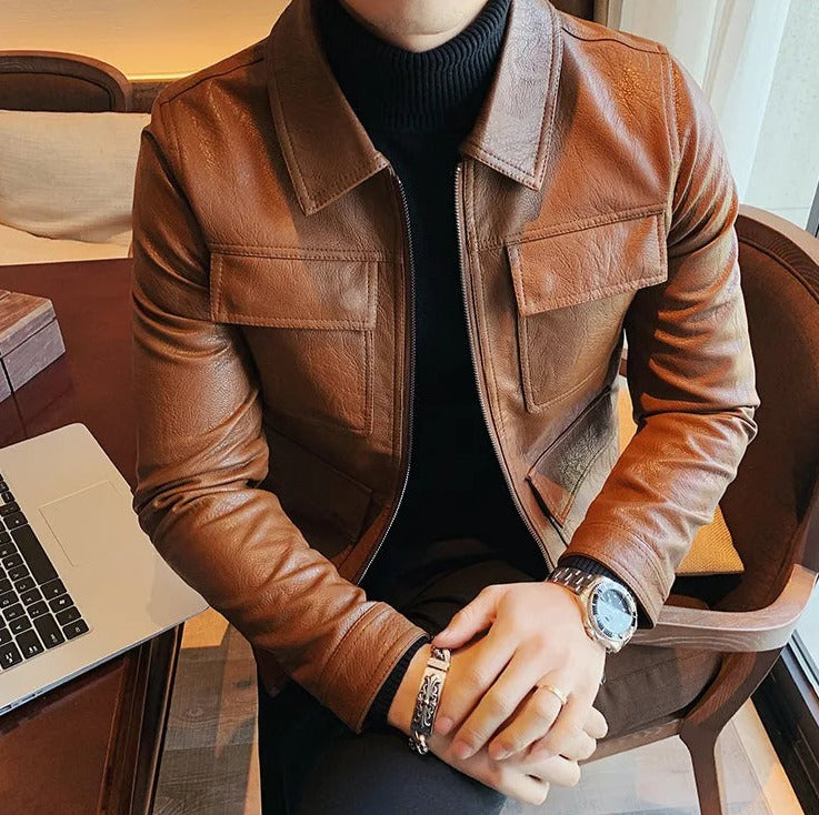 Men's ECO leather jacket in brown, casual elegant style.