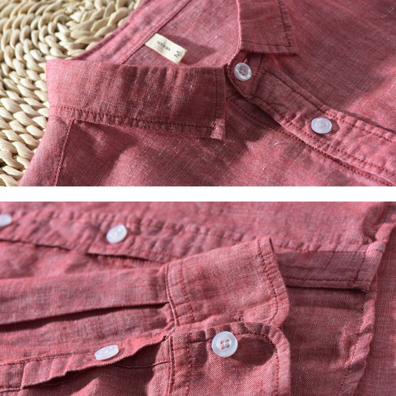details of red long sleeve casual shirt made of cotton and linen for men