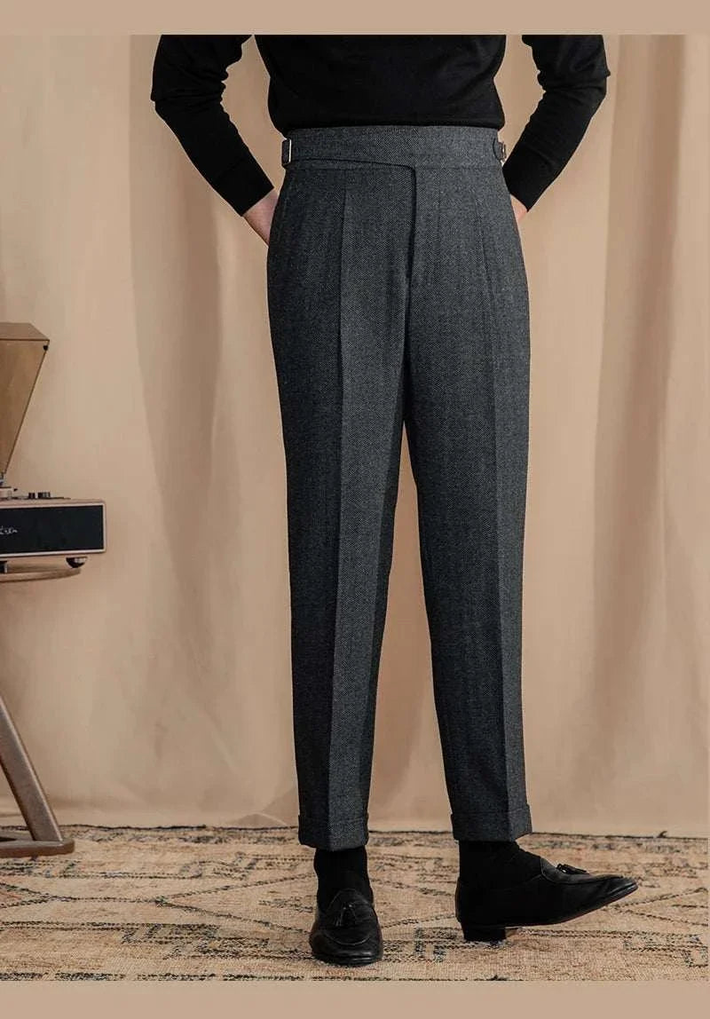 Antonios vintage wool herringbone pants in smart casual style.