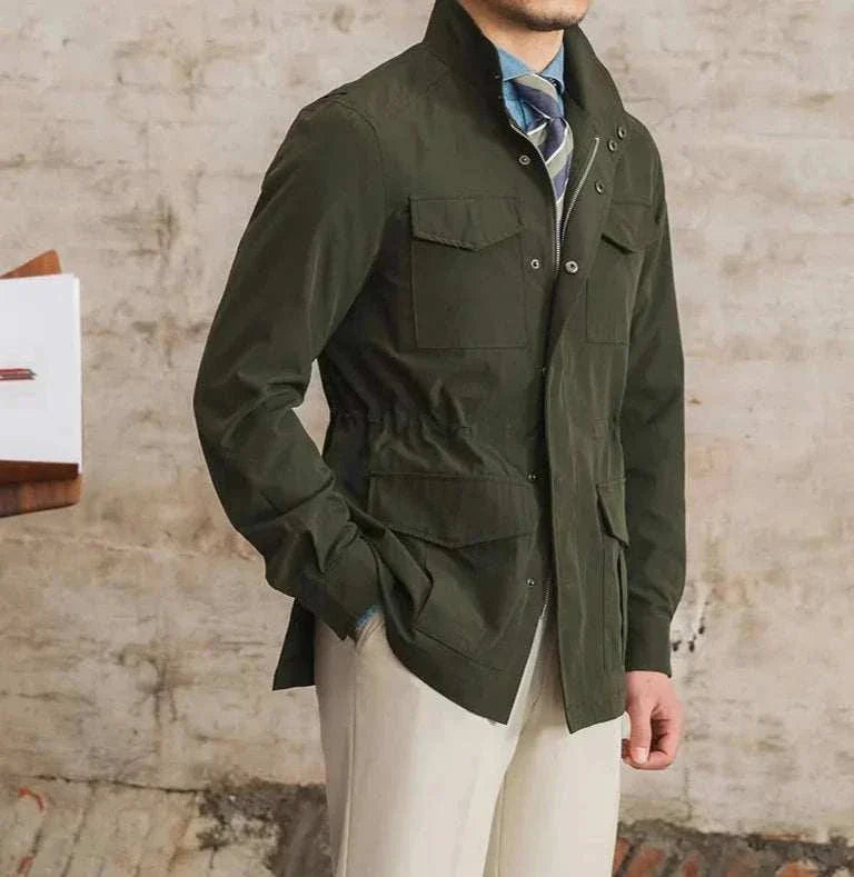 Men's British old money jacket in green, high-quality cotton, elegant and sophisticated design.
