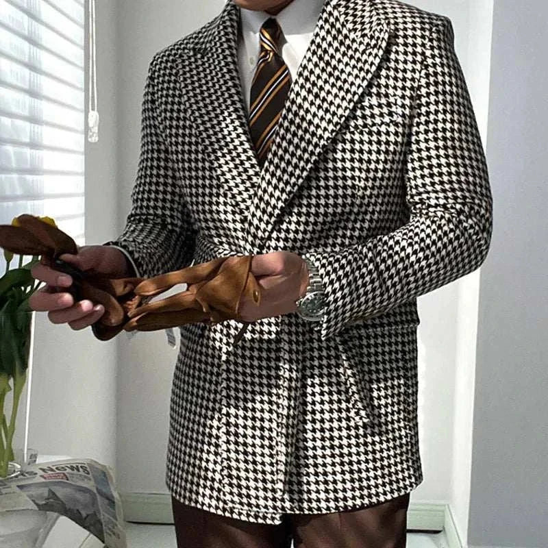 Houndstooth woolen retro suit blazer, plaid pattern, elegant men's formal wear.