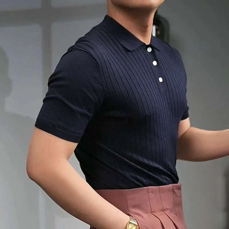 Men's striped navy British polo collar t-shirt for office and casual style.