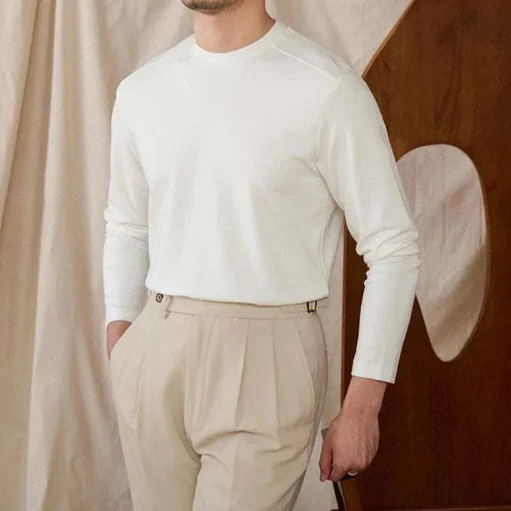 Slim fit smart casual premium sweater in white worn by a model.