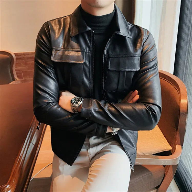 Men's ECO leather jacket in black, made from eco-leather, offers comfort and durability.