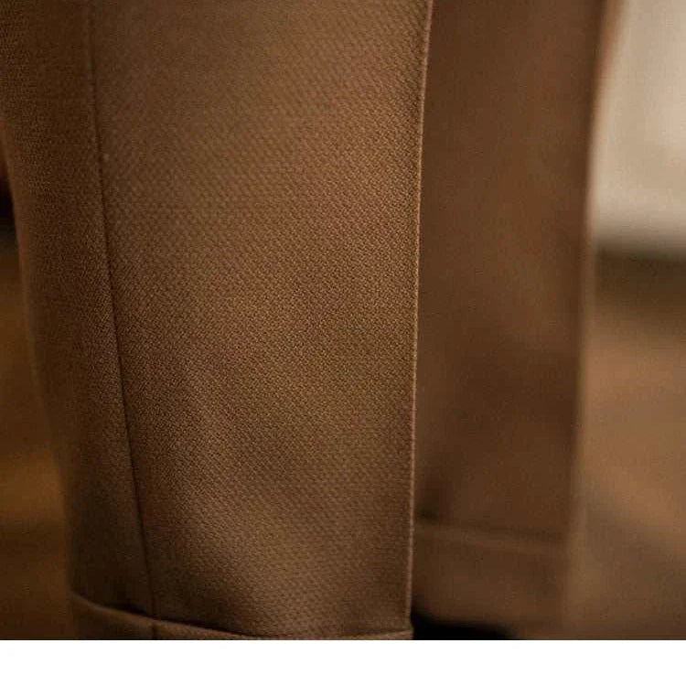 Cold season straight trousers in brown, polyester material, solid pattern for men's winter wardrobe.