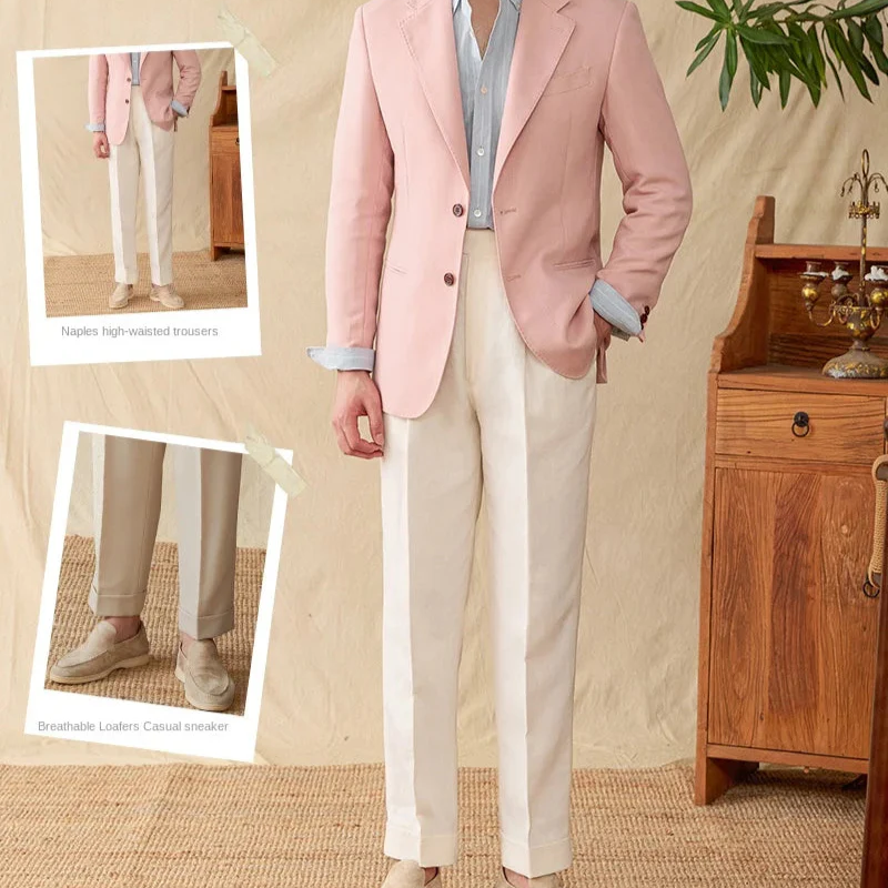 Men's business linen relaxation jacket in pink, paired with white trousers and loafers, designed for comfort and style.