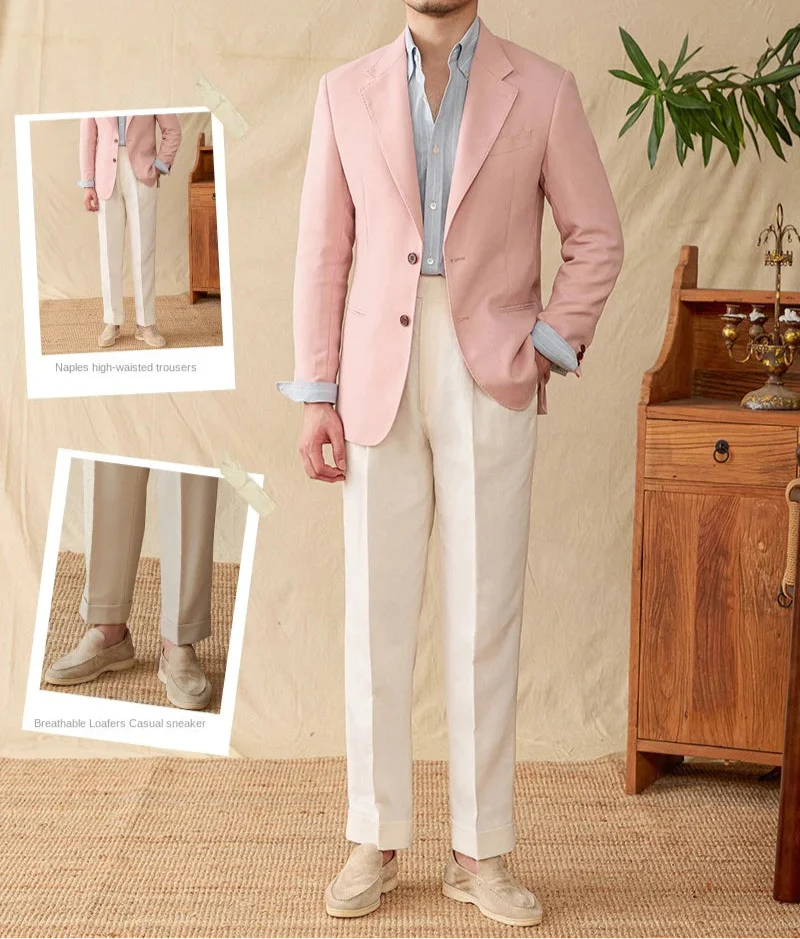 Men's business linen relaxation jacket in pink, paired with white trousers and loafers, designed for comfort and style.