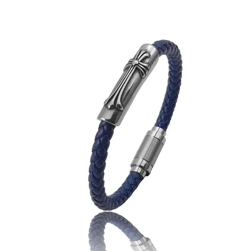 Leather bracelet with stainless steel cross, PU leather, everyday wear accessory.