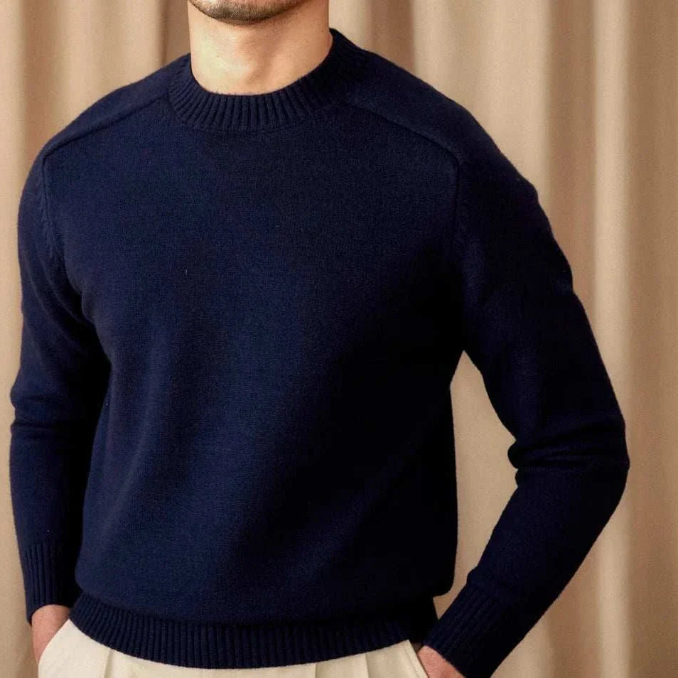 Men's Japanese casual winter sweater in navy blue, cotton-wool blend, cozy and stylish.