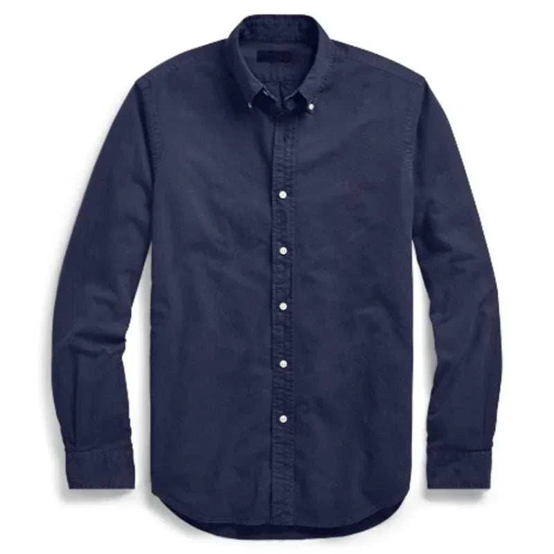 Oxford business casual long sleeve cotton shirt for men in dark color.