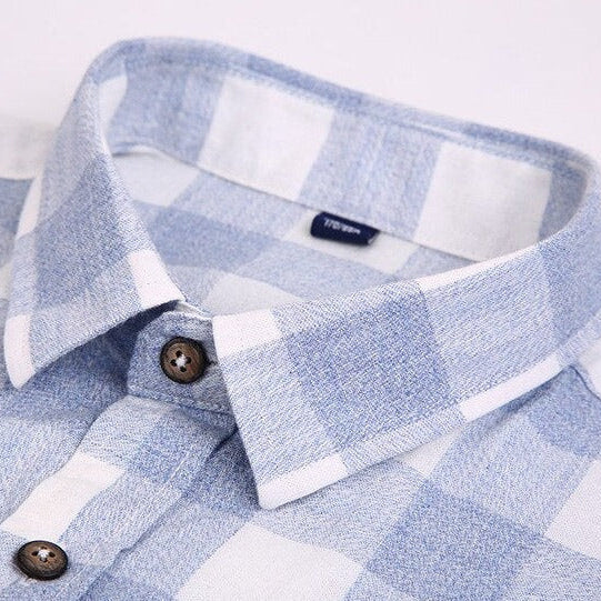 Maurice Plaid Shirt in blue and white, cotton-linen fabric, classic pattern.