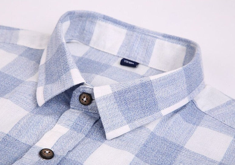 Maurice Plaid Shirt in blue and white, cotton-linen fabric, classic pattern.