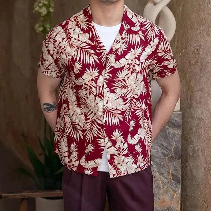 Vintage Hawaiian flower shirt with red and white floral print for men, perfect for summer comfort and casual style.