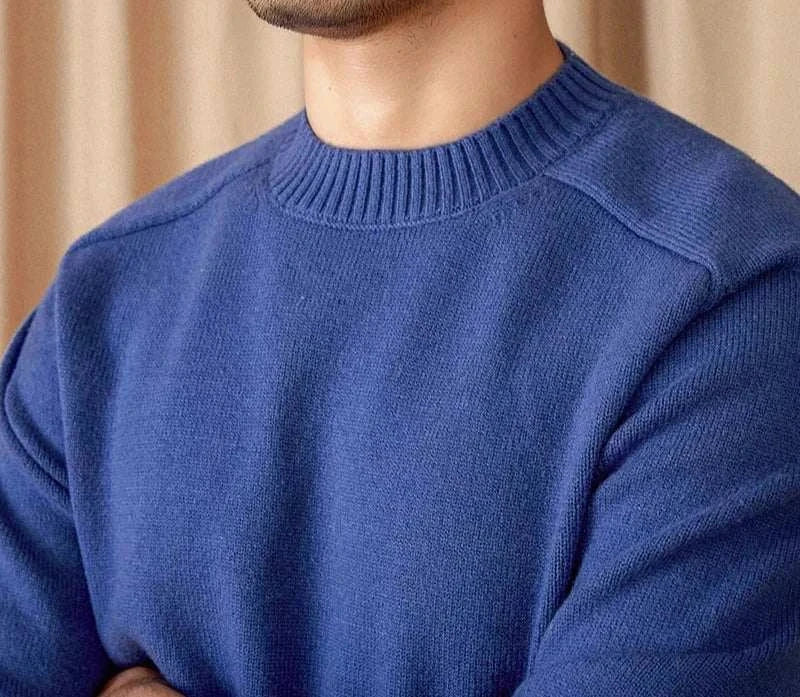 Men's blue Japanese casual winter sweater made of cotton and wool.