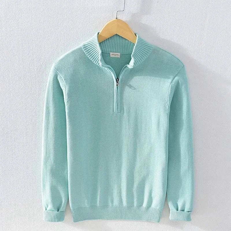 Autumn half zipper cotton sweater in light blue, ideal for fall.