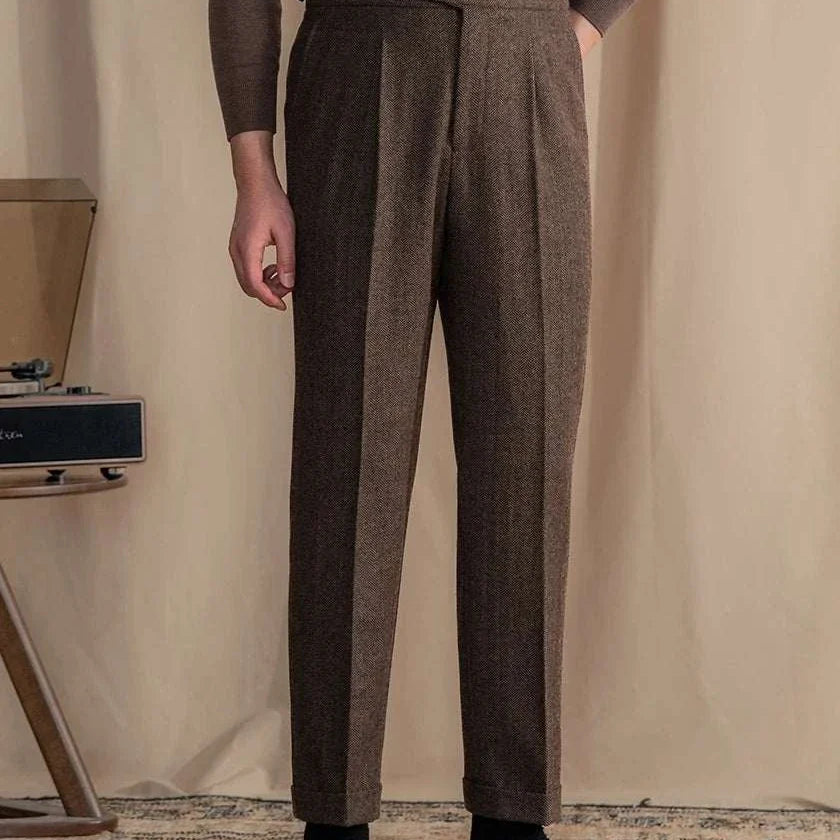 Antonios vintage wool herringbone pants, full-length smart casual style.