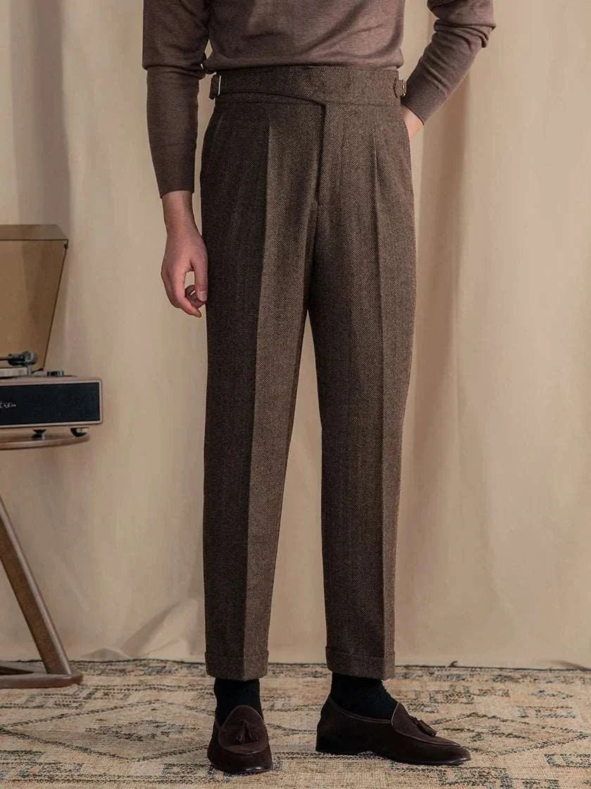 Antonios vintage wool herringbone pants, full-length smart casual style.