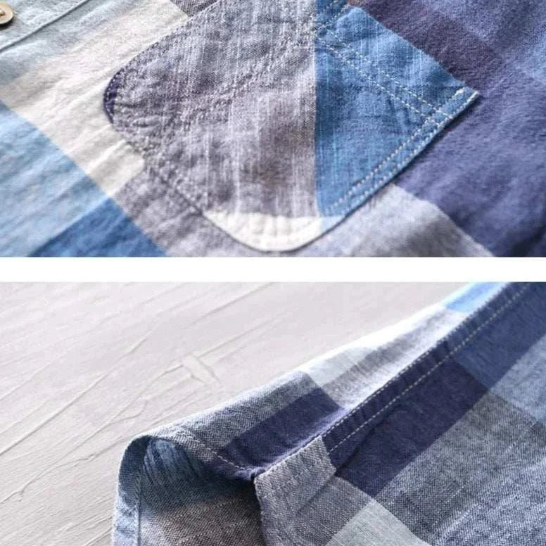 Linen-cotton plaid shirt in blue tones showcasing fabric texture and pocket design.