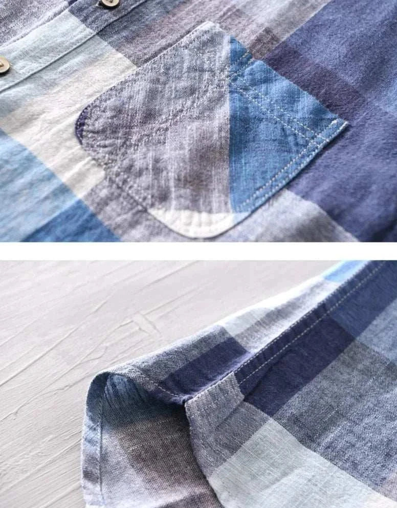 Linen-cotton plaid shirt in blue tones showcasing fabric texture and pocket design.