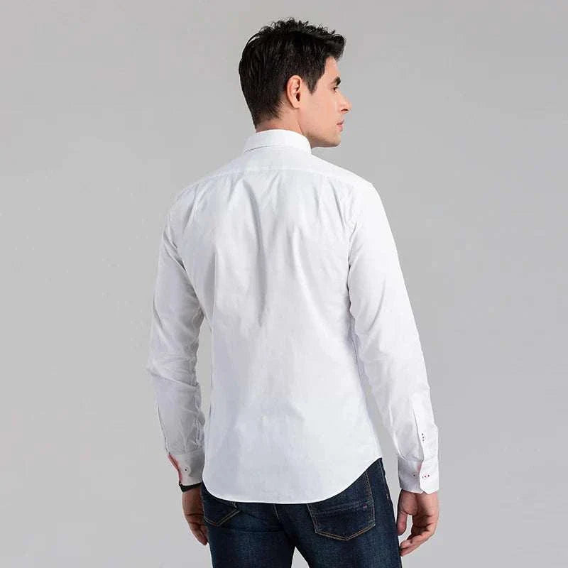Business casual long sleeve cotton shirt for men in white, showcasing back view.