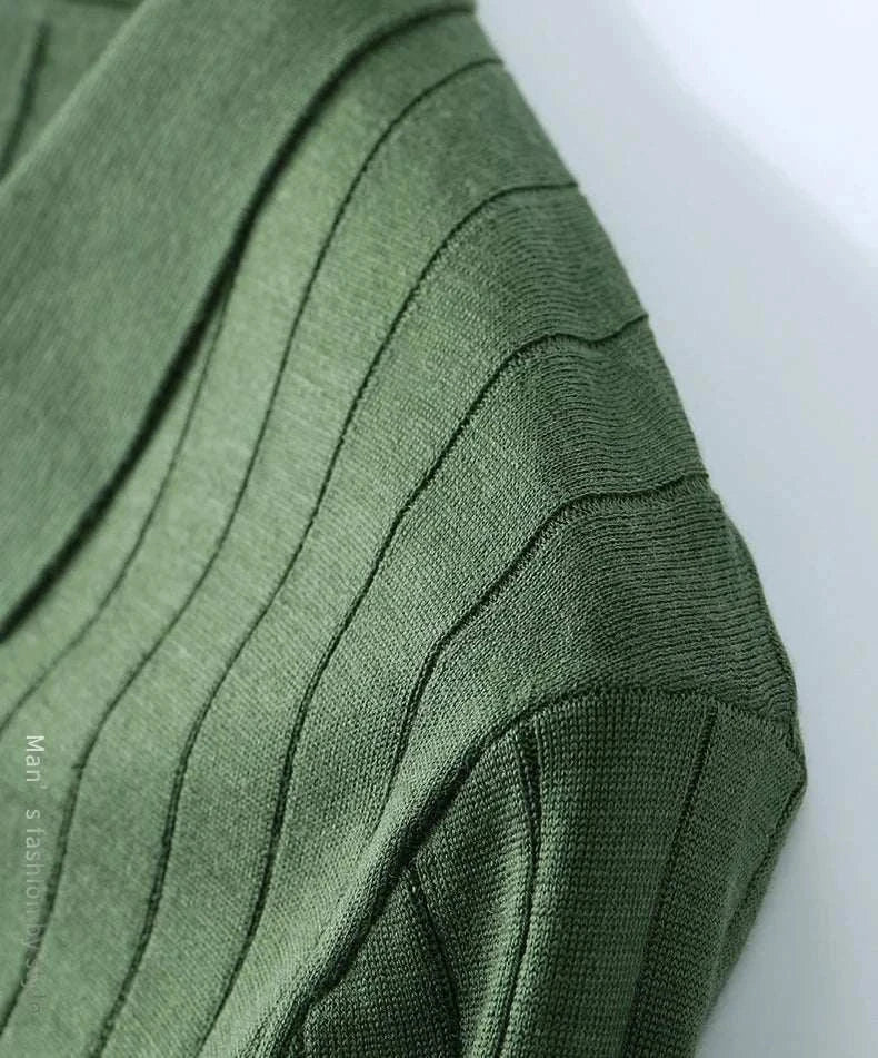 Green casual wool autumn sweater with ribbed texture for men, slim fit design.