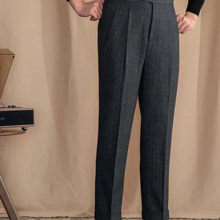 Antonios vintage wool herringbone pants, smart casual style, full-length, polyester material.