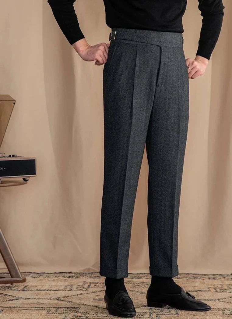 Antonios vintage wool herringbone pants, smart casual style, full-length, polyester material.