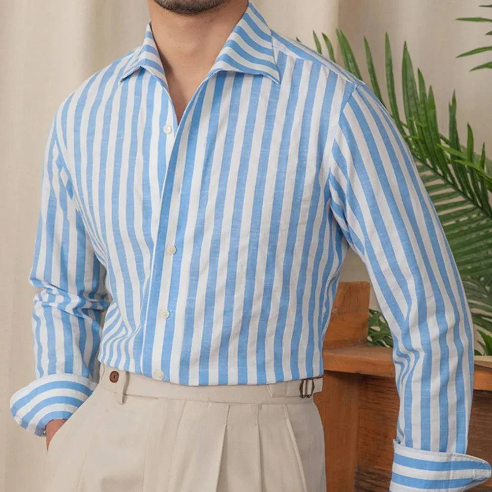 Business striped white summer shirt with elegant pattern, ideal for comfortable office wear.