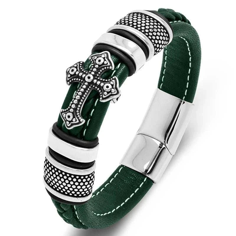 Cross punk leather bracelet with durable stainless steel and PU design.