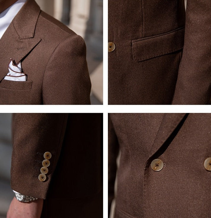 Antonios Double Breast Suit featuring a brown solid pattern, stylish buttons, and pocket detail.