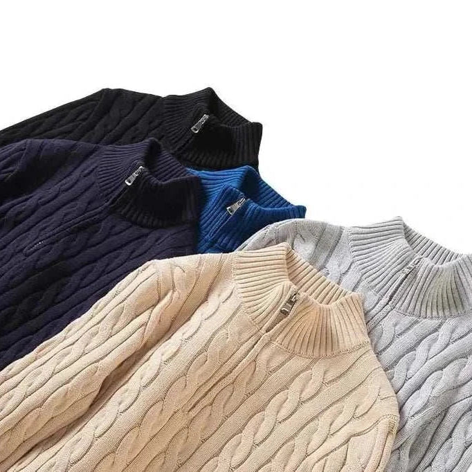 Autumn half zipper braided cotton sweaters in various colors.