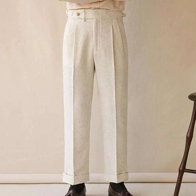 Paris high-waist design trousers for men in elegant style, solid pattern.