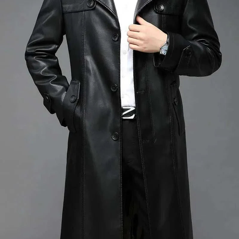 Men's PU leather long coat in black, perfect for autumn and winter seasons.